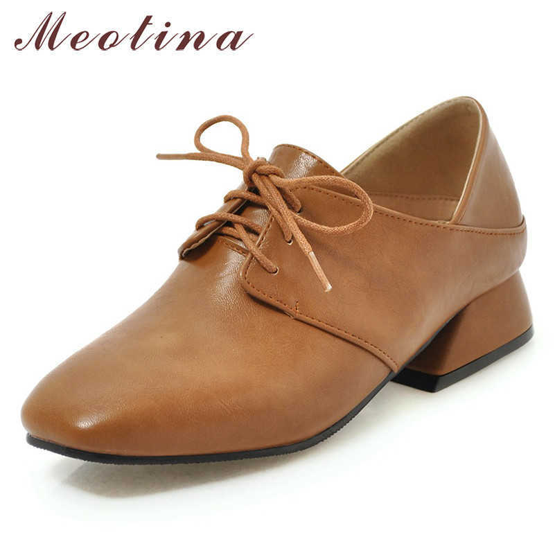 

Meotina High Heels Women Pumps Lace Up Chunky Heels Derby Shoes Fashion Square Toe Shoes Ladies Footwear Spring Plus Size 33-46 210608, Black