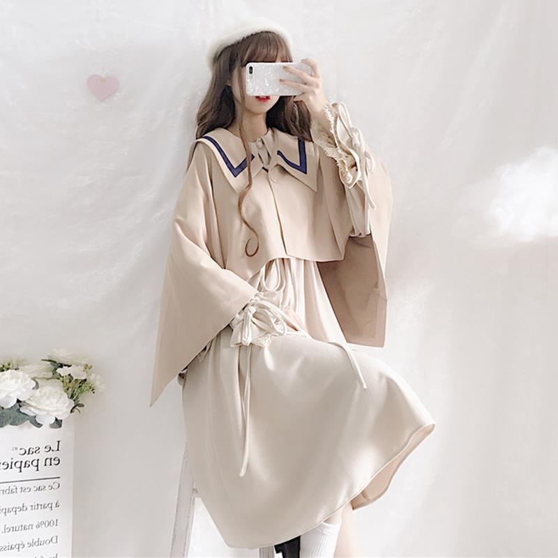 Japanese Kawaii Two Pieces Set Women Long Sleeve Cute Dress + Loose Cape Cloak Jacket Casual Sweet Outfits Suit 210519