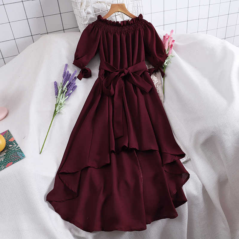 Woherb Summer Casual Chiffon Off Shoulder Bandage Dress Women Sexy Asymmetrical Ruffle Dresses Vestidos De Festa 22291 210630