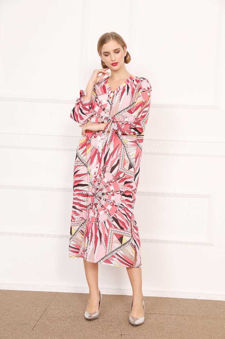 Printed V Neck Full Cuff Hip Print Mid Calf Dress for Women 210615Z