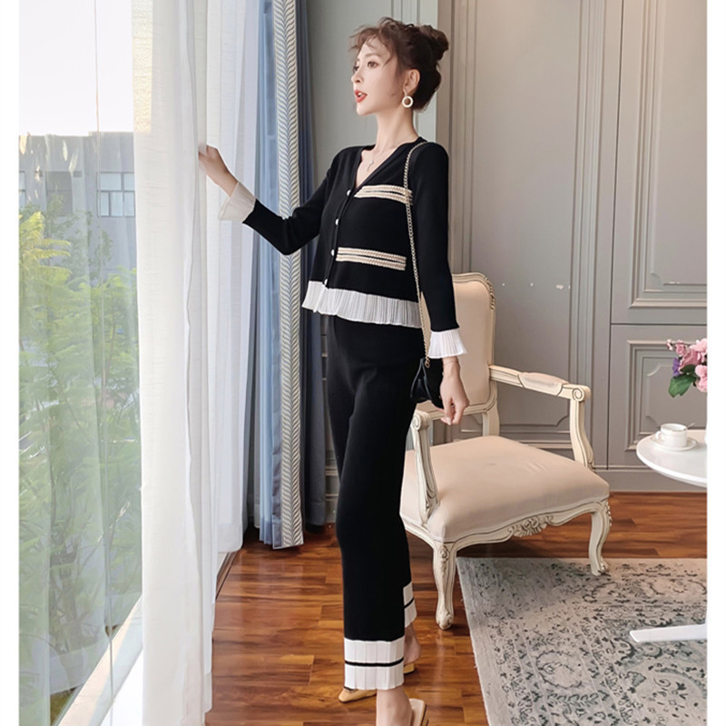 Comelsexy Autumn Women Single Breasted Chiffon Patchwork Knit Cardigan+Elastic Waist Wide Leg Pants 2PCS Sets 210515