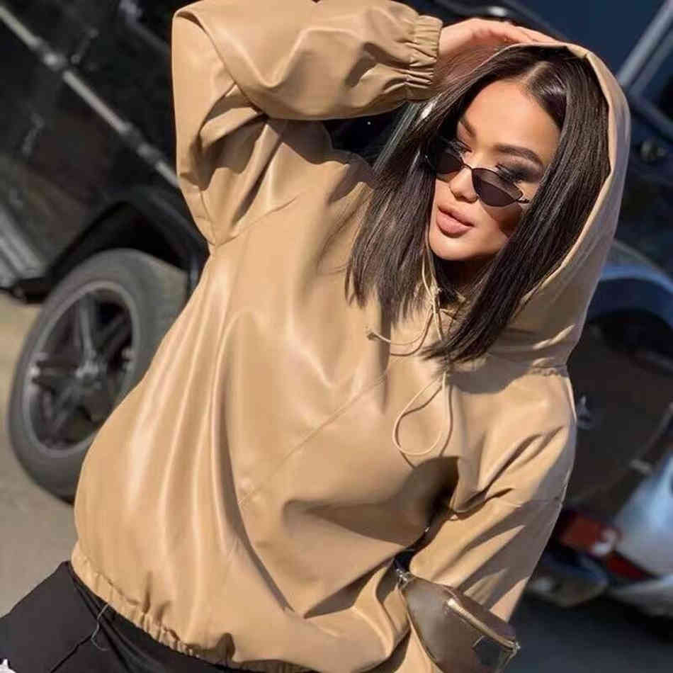 Free Pure Color PU Leather Hooded Sweater Women Fashion Long Sleeve All-match Loose Top Ladies Clothing 210524