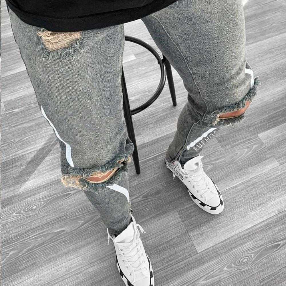 Men's Jeans Skinny Ripped Stretch Slim Elastic Denim Pants Male Hip Hop Side stripe Trousers Letters Decorate Slim Pencil jeans X0621