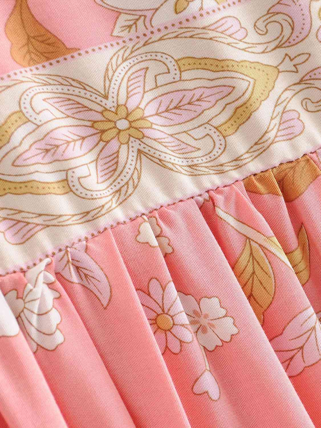 BOHO Lacing up V neck Location Pteris flower Print Long Dress Pink Ethnic WomanTassel Strappy Sleeve Holiday Dresses Beach 210429