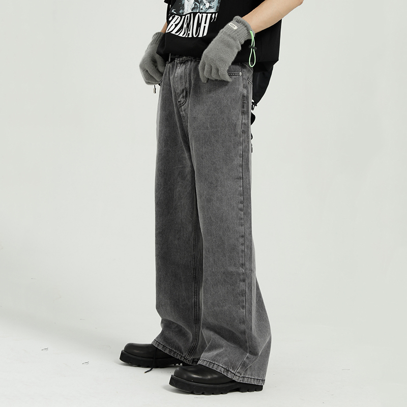IEFB Loose Straight Wide Leg Pants With Belt Black Grey Jeans For Men Causal Loose Vintage Streetwear Denim Trousers 210524