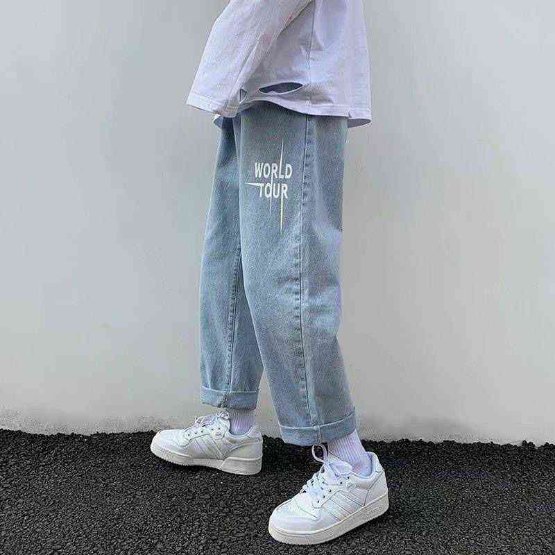 American Streetwear Jeans Hip-hop Letters Printed Loose Belt Trousers Men Retro Hong-kong Style Wide-leg Mopping Baggy Y2k Pants 211120