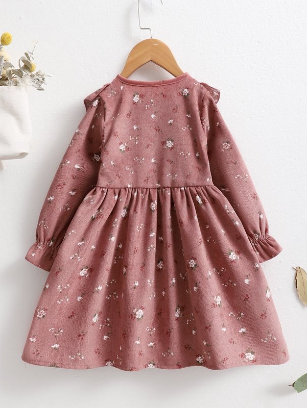 Toddler Girls Ditsy Floral Ruffle Trim Corduroy Dress SHE