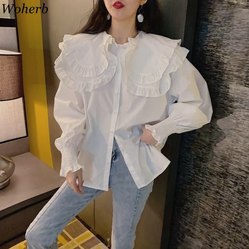 Shirts Women Korean Fashion Blusas Mujer Loose White Blouses Vintage Peter Pan Collar Ruffles Slim Temperament Tops 4i769 210519