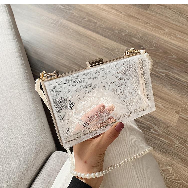 Evening Bags Black & White Lace Acrylic Box Design Pearl Chain Ladies Party Clutch Bag Shoulder Tote Women Flap Handbag