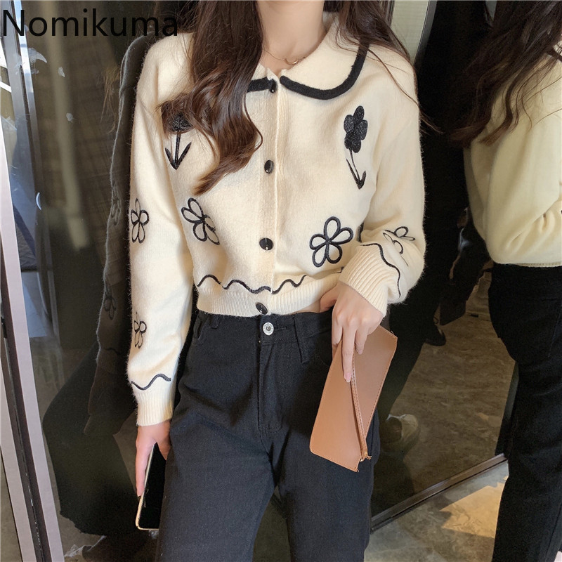 Nomikuma Autumn New Short Knitted Cardigan Jacket Korean Floral Long Sleeve Turn Down Collar Women Sweater Coat 6B999 210427