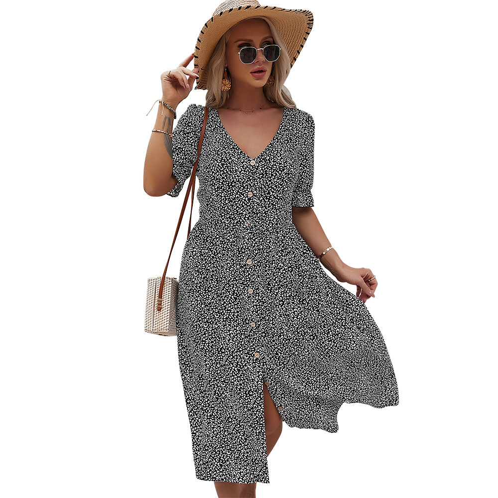 Elegent women summer dress Cotton And Viscose A-Line V-Neck Buttons Printing female Ankle-Length Dress 210524