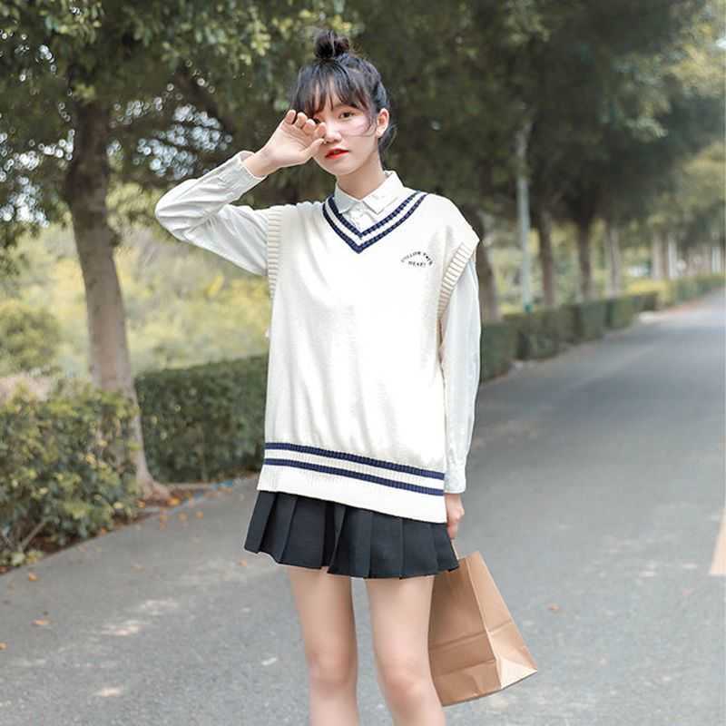 V-neck Black white vest spring autumn elegant pullover female student Korean loose Harajuku Preppy Sleeveless sweaters 210526