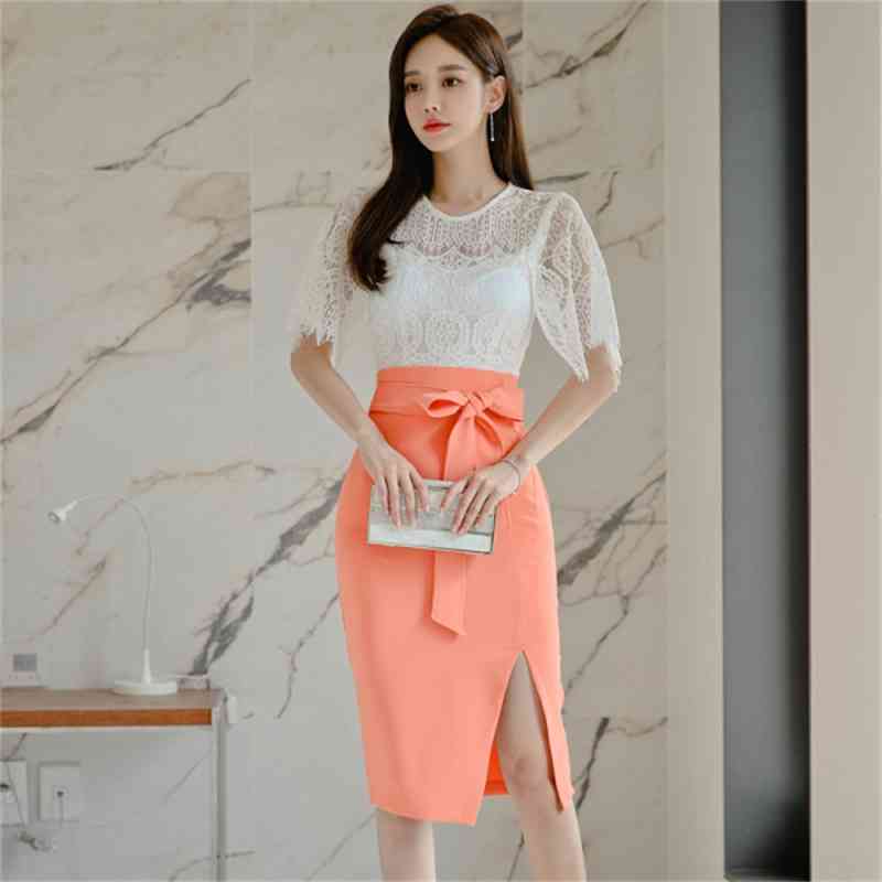Summer 2 Piece Sets Korea white Lace shirt Top + Bodycon Bowknot Midi pencil Skirt Female Office Suit Dresses 210519