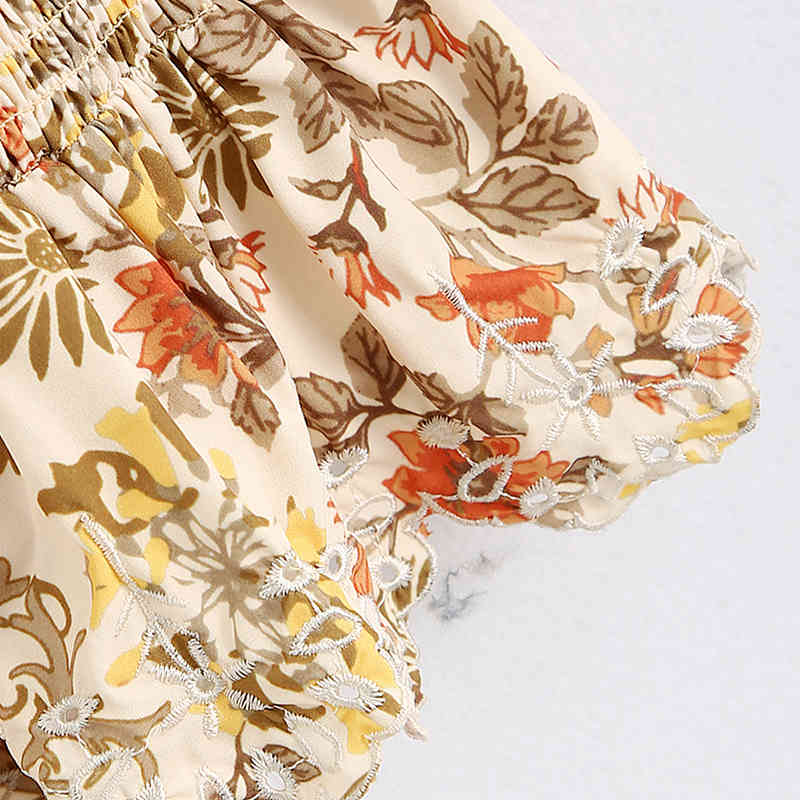 Sleeveless Floral Print Blouse Woman Elastic Waist Embroidery Stylish Chic Shirt Hollow Out Holiday Pleated Blouses Lady 210515