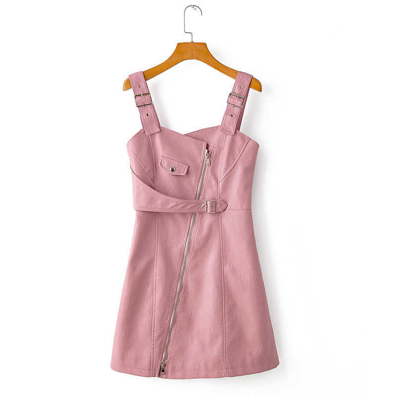 LY VAREY LIN Women Leather Mini Dress Soft Pu Faux Pink Sexy Backless Slim High Waist Rivet Zipper Vestidos 210526