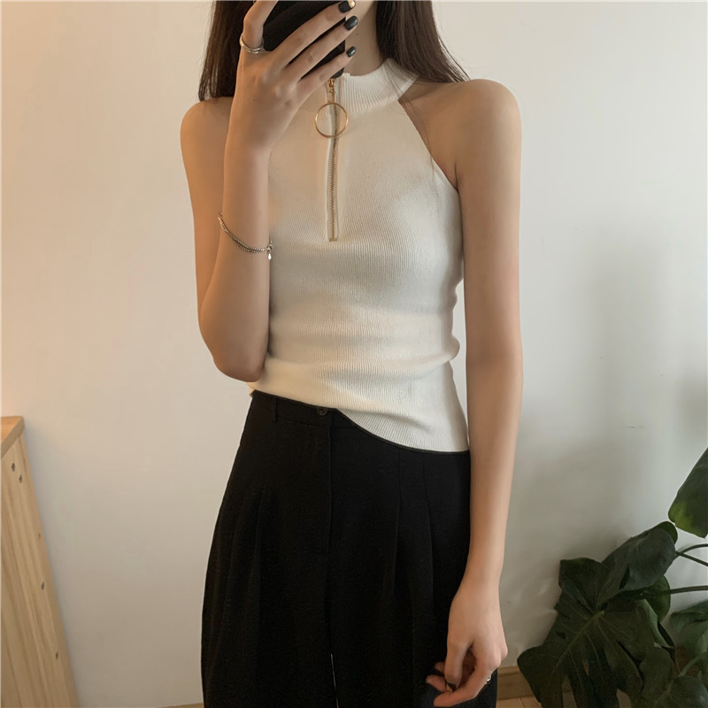 Comelsexy Korean Vintage Camis Basic Solid Slim Chic Sexy Zipper Casual Female Sleeveless Women All Match Tank Tops 210515
