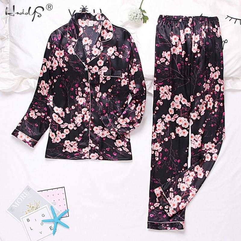 Autumn Winter Print Pattern Women Pajama Set Satin Silk Turn-down Collar Pajamas Sleepwear Long Sleeve Trousers Two Paper Suit 211007