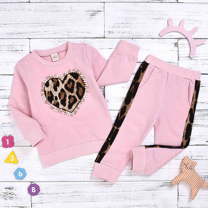 Toddler Baby Girl Autumn Winter Clothes Set Long Sleeve Leopard Sweatshirt Tops+Pants 2pcs Kids Outfits Clothing 210515