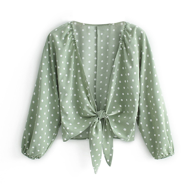 Women Polka Dot Blouse Batwing Long Sleeve Loose Shirt Female V Neck Bow Tie Chic Beach Short Tops Lady Summer Blusas 210508