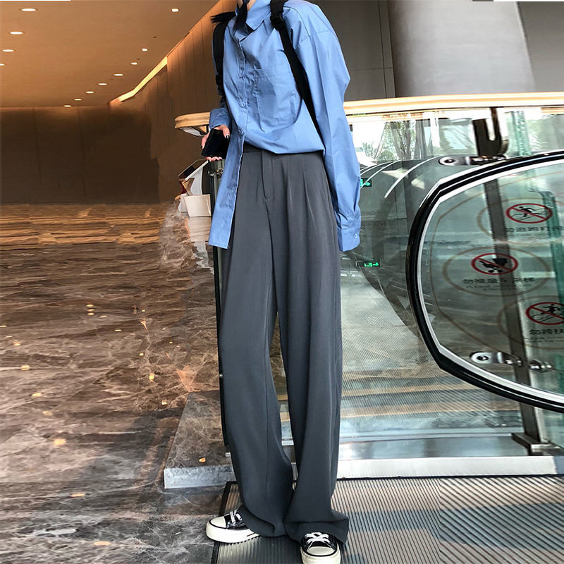 Elastic Waist Palazzo Pant Wide Leg Pants Women High Streetwear Elegant Office Ladies Khaki Gray Trousers 210510