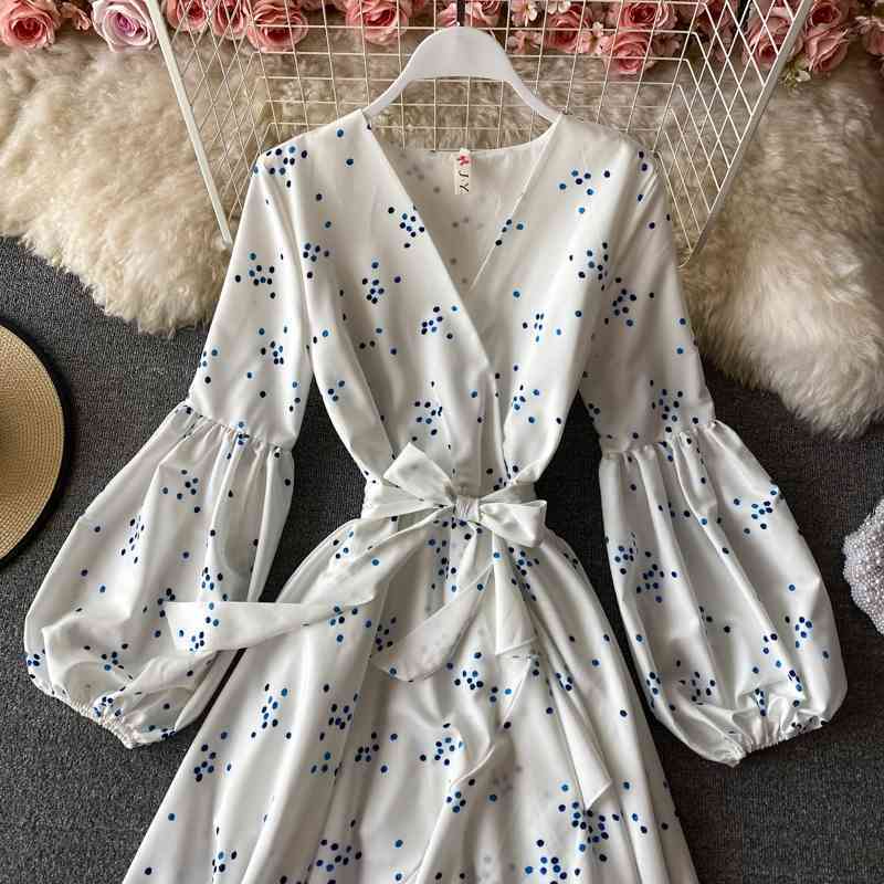Spring Autumn V Neck A Line Lantern Sleeve Dress Floral Print High Waist Mid Calf Women Party Dresses 210521