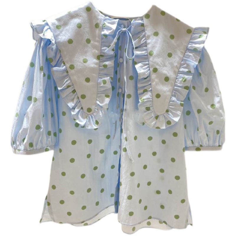 Nomikuma Summer New Polka Dot Blouses Causal Bow Tie Ruffle Poater Pan Collar Woman Shirts Sweet Korean Blusas Top 6H119 210427