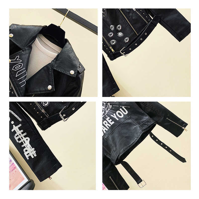 Graffiti Rivet Letters Locomotive Leather Jacket Fashion Women Short Jackets PU Waterproof Cool Coat Dropship 211014