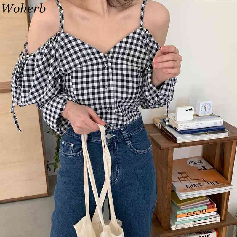 Plaid Sexy Spaghetti Strap Blouses Women Vintage Off Shoulder Loose Korean Shirts Casual Bow Lace-up Blouse Tops Mujer 210519