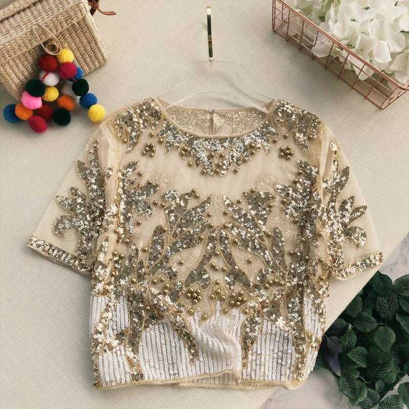 Runway Lady Fashion Embroidery Beaded Blingbling Short Sleeved shirt Women Round Neck Sequin Perspective Elegant Tops 210527