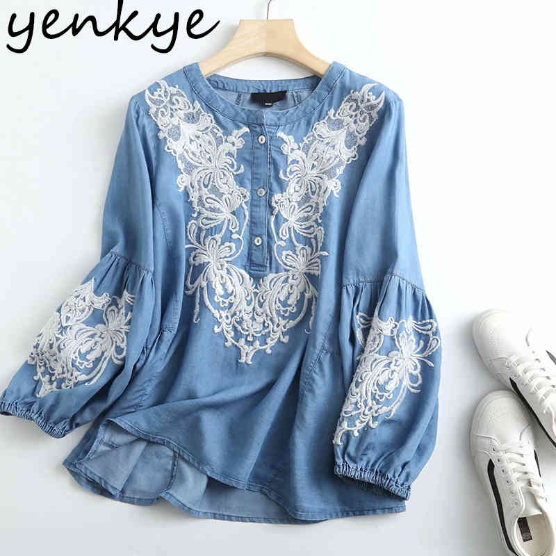 Floral Embroidery Vintage Blue Denim Shirt Blouse Women O Neck Lantern Sleeve Casual Plus Size Tops Summer Blusas 210430