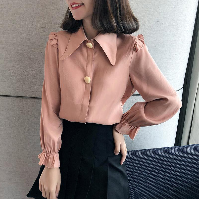 Arrival Autumn Korea Fashion Women Long Sleeve Loose Shirts Big Turn-down Collar Button Ol Lady Blouse Top Quality S229 210512