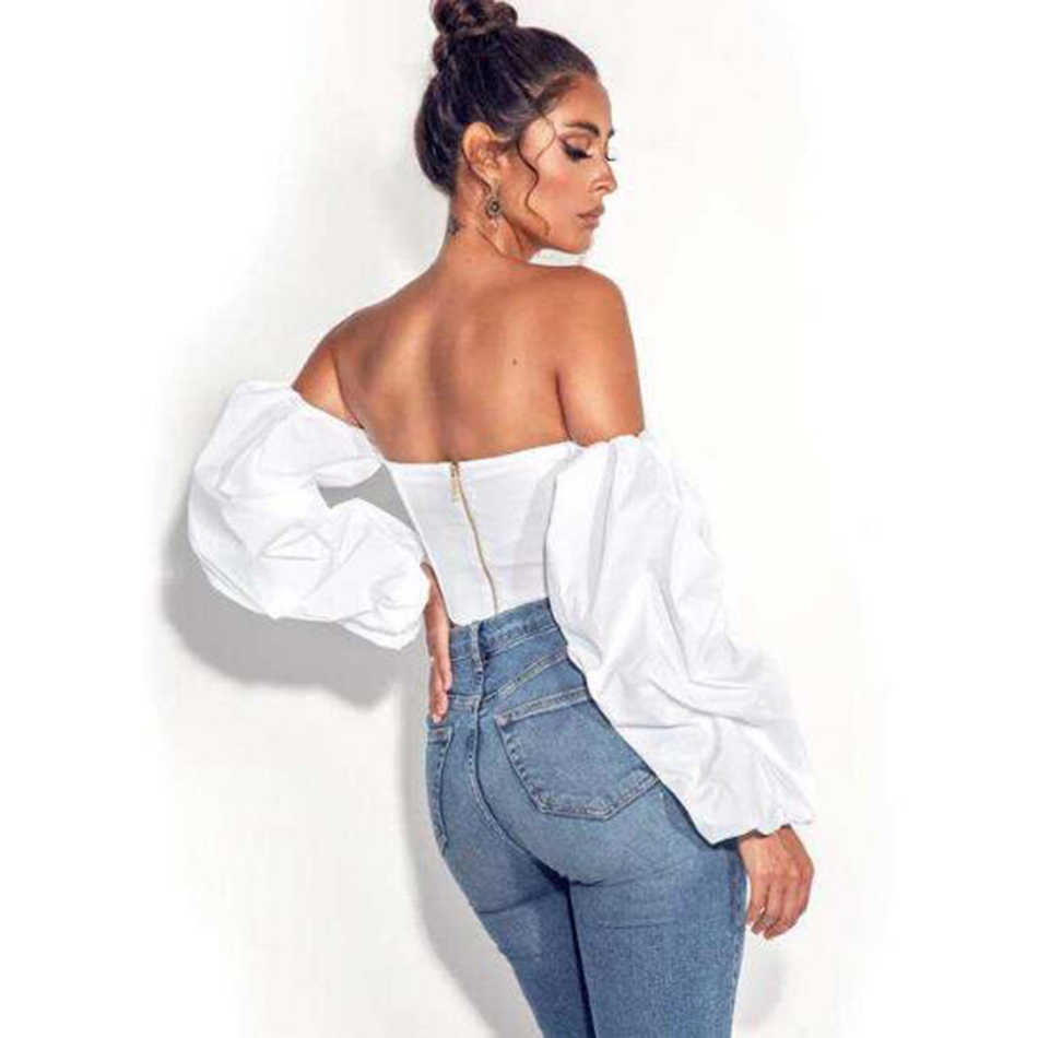 Free Women's Summer White Crop Top Sexy Wrapped Chest Shoulder Lantern Long Sleeve Bodycon Club Party 210524