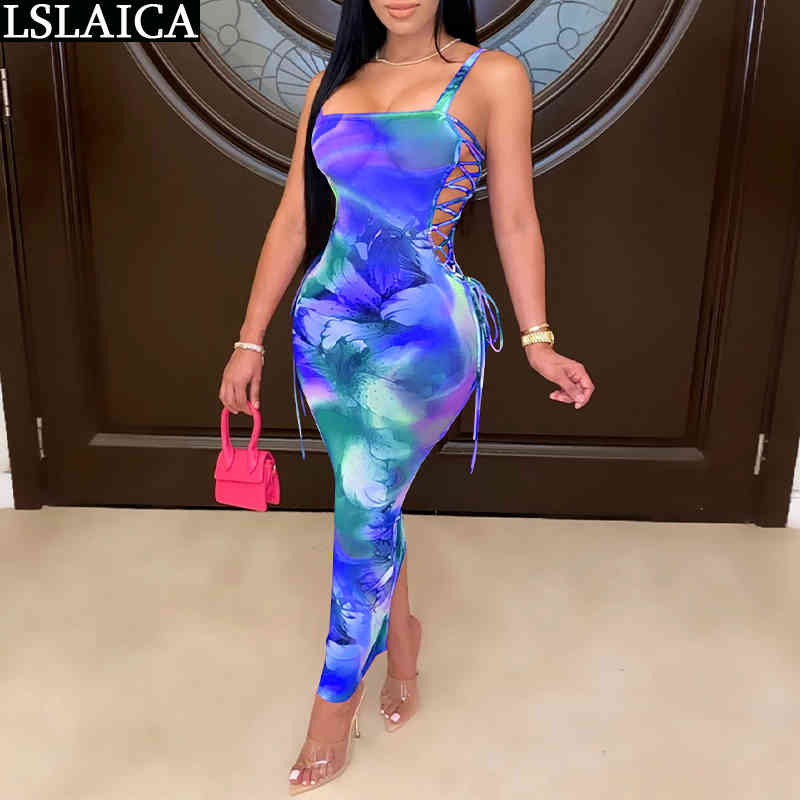 Woman Dress Summer Tie Dye Spaghetti Strap Sleeveless Hollow Out Strappy Maxi Femme Robe Sexy Club Vestidos 210515
