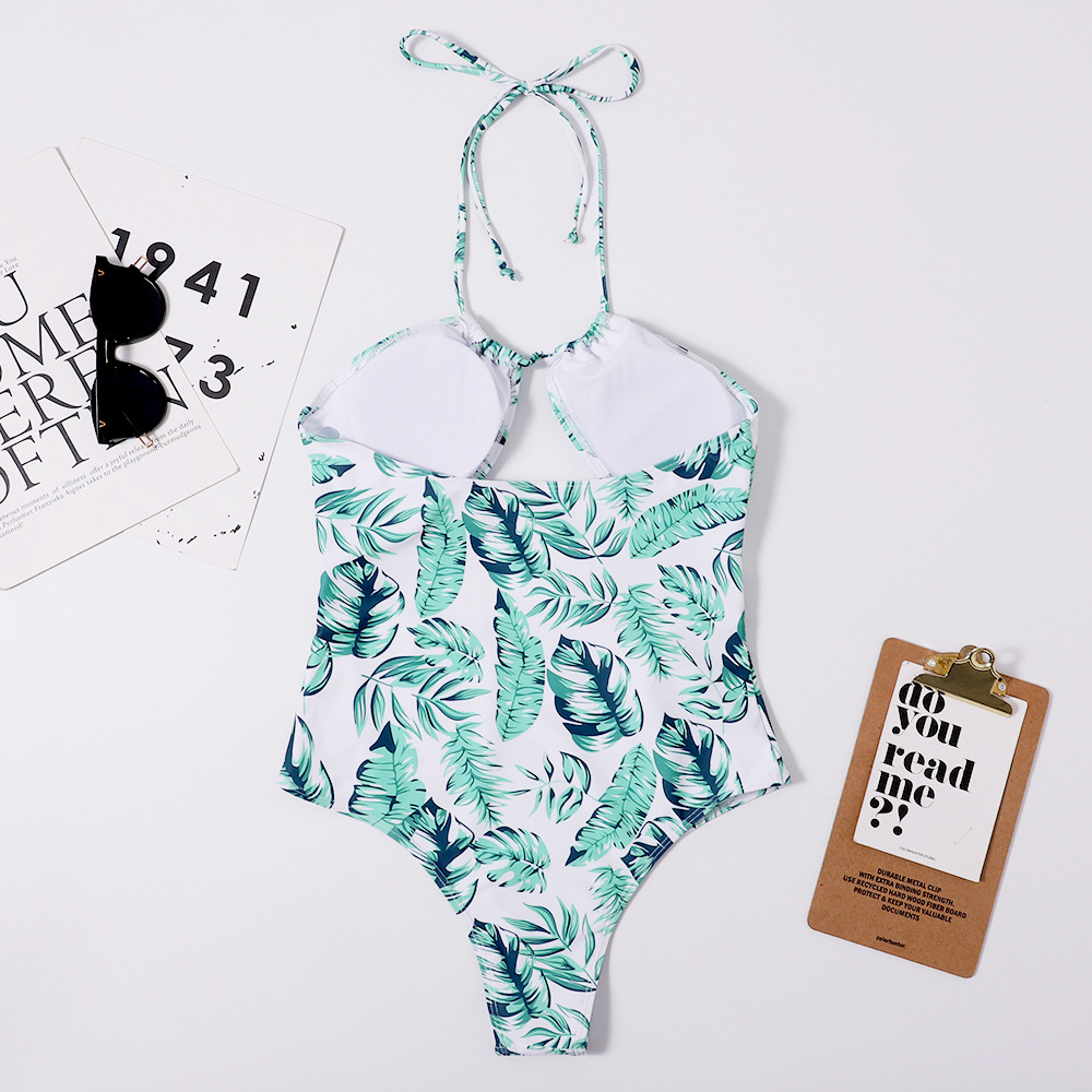 Print Swimwear Swimsuit Women Backless Monokini Hollow Out Bodysuit Beach High Waist Bathing Suit Green 210520