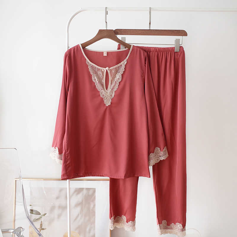 Daeyard Sexy Lace Trimmed Pajama Set For Women Spring Summer Long Sleeve Silk Pyjamas Soft Sleepwear Casual Homewear 2Pcs Pijama 210924