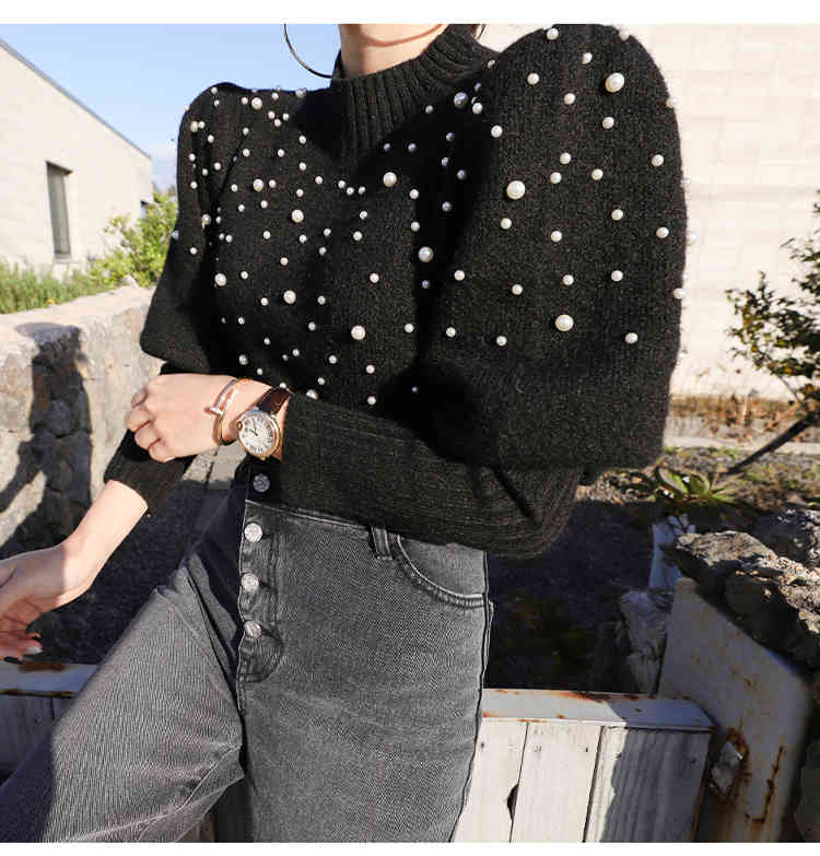 Fashion Full Sleeve Pearls Sweaters Modern Lady Tops Pullovers Stylish Women Black Autumn O-Neck Beading Knitted 210506