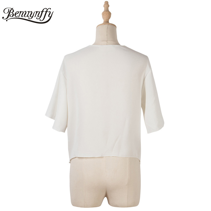 V-neck Hollow out Tie Hem Short Blouses Summer Sleeve Casual Women Loose Solid Tops Fashion Clothes 210510
