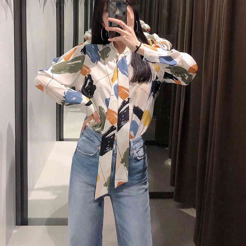Women Blouse Elegant Bow Tie Graffiti Shirts Fashion Long Sleeve Single Breasted Casual Shirt Tie-Dye Printed Tops 210521