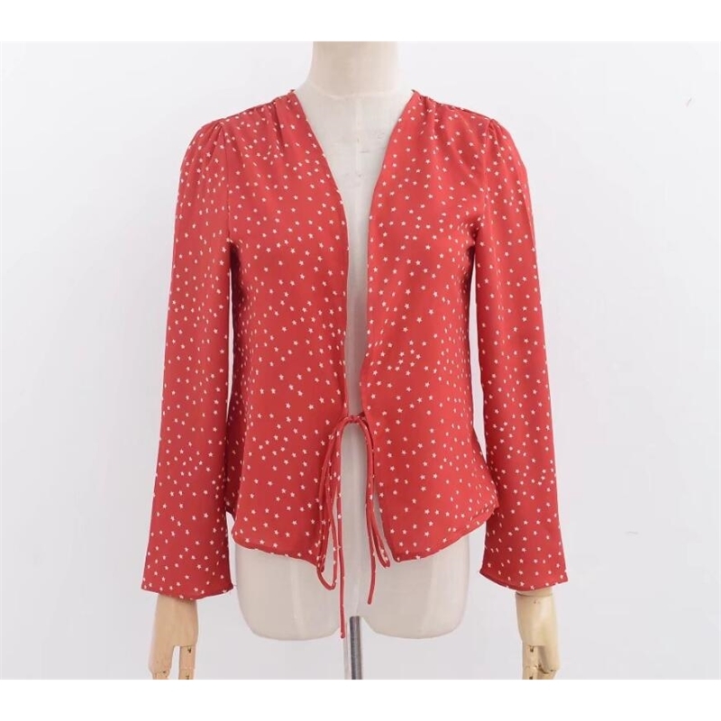 Vintage Bow Tie Closure Star Print Kimono Shirt Retro Woman Long Sleeve V Neck Blouse 210429