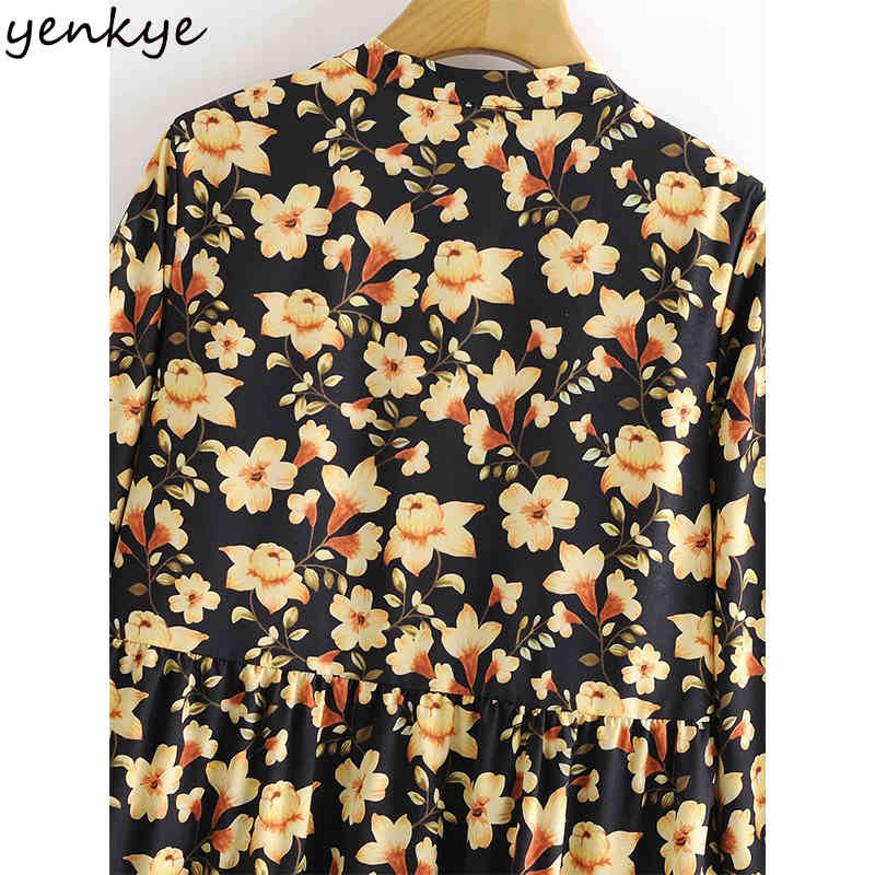 YENKYE Vintage Yellow Floral Print Dress Women Lantern Sleeve V Neck Pleated Casual Loose Dress Spring Plus Size Short Vestido 210515