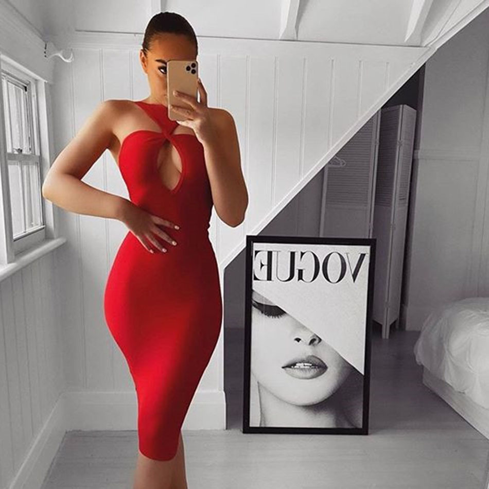 Free Women's Sleeveless Hollow Bandage Dress Sexy Spaghetti Strap Red Backless Bodycon Club Party 210524