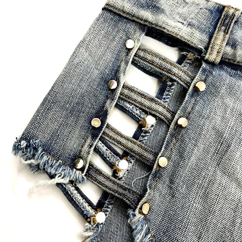 Women Denim Sexy Shorts Fashion Straps Hollow Out Club Style Mid Waist Button Zipper Tassel Short Jeans Drop Women's