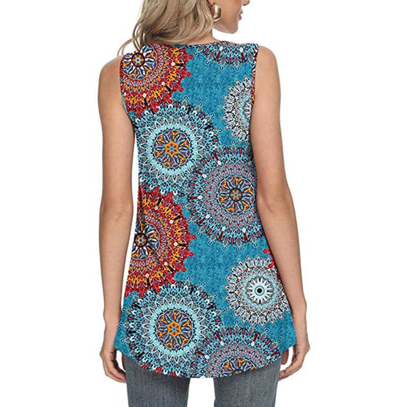 Bohemian Ethnic Print Ruched O-neck Sleeveless Vest Loose Summer Tank Tops for Women Casual Vintage Floral Plus Size 210604