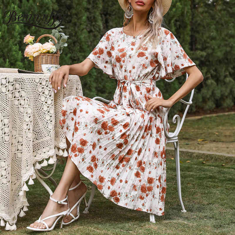 Crew Neck Floral Print Belted Midi Dresses Summer Fashion Casual Women Short Sleeve High Waist Pleated Dress 210510