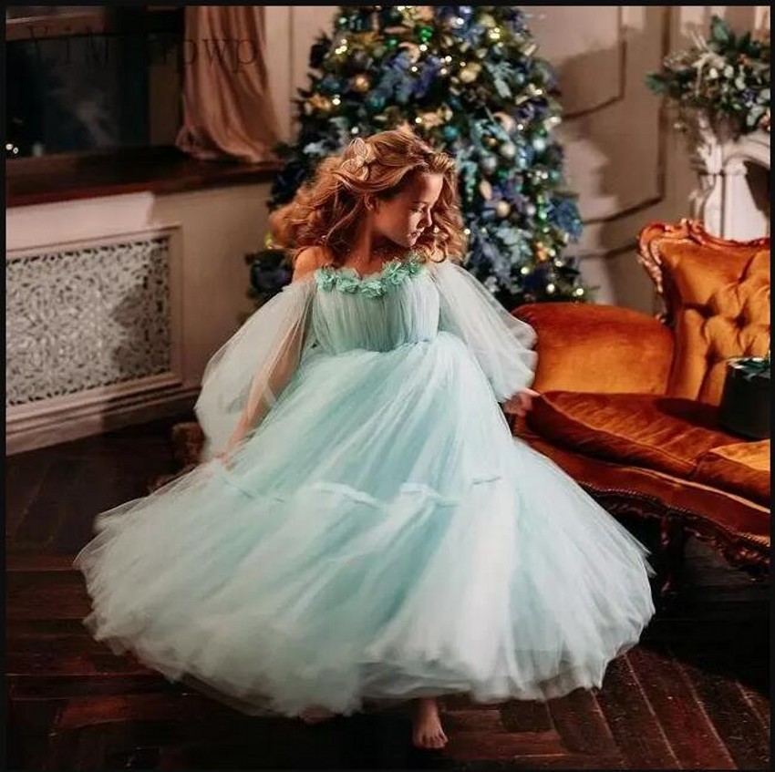 Green Mint Lavender A Line Girls Pageant Dresses Sheer Neck Long Sleeve Floor Length 3D Floral Beads Child Birthday Party Gowns Kids Formal Dress