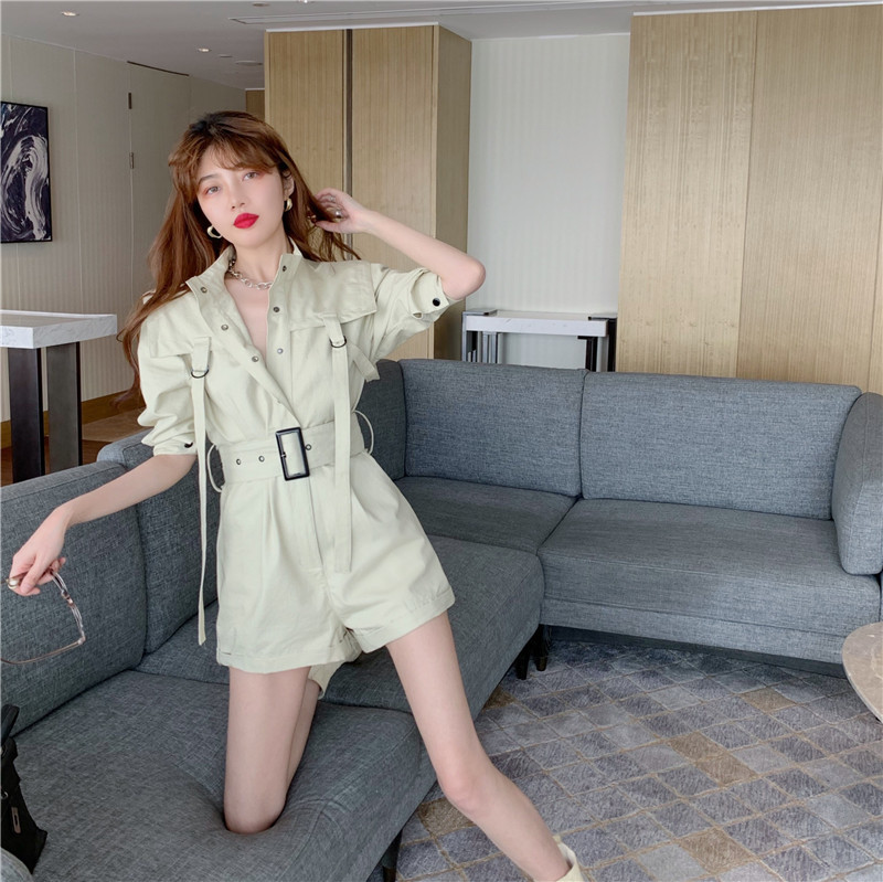 Summer Fashion Romper Women Casual Single-Breasted playsuits Ladies Elegant Belt Short Jumpsuit Overalls 210519