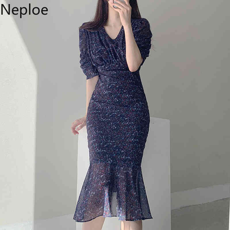Neploe Summer Dress Women V-Neck Temperament Floral Chiffon Vestidos Mujer Korean Slim Short-sleeved Bodycon Fishtail Dresses 210422