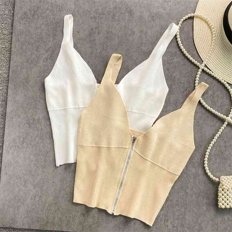 

Sexy V-neck Zipper up Knitted Tank Top Solid Spahetti Strap Skinny Vest Women Fashion Summer Sleeveless High Street Crop 210603, Creamy-white