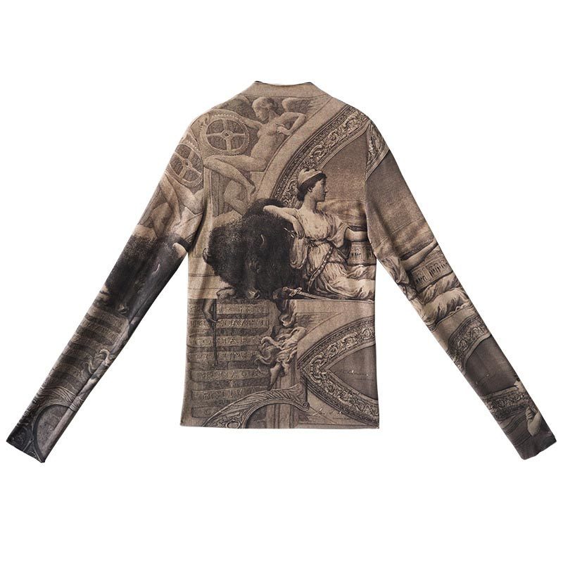 Spring Renaissance Print Vintage Top Turtleneck Long Sleeve Blouse Women Spandex Bodycon Ladies Slim Tops 210428