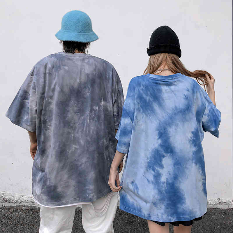 IEFB Tie Dyed Letter Printed Short Sleeve T-shirt For Men Summer Blue Clothing Oversized Streetwear Hip Hop Tee Tops 210524